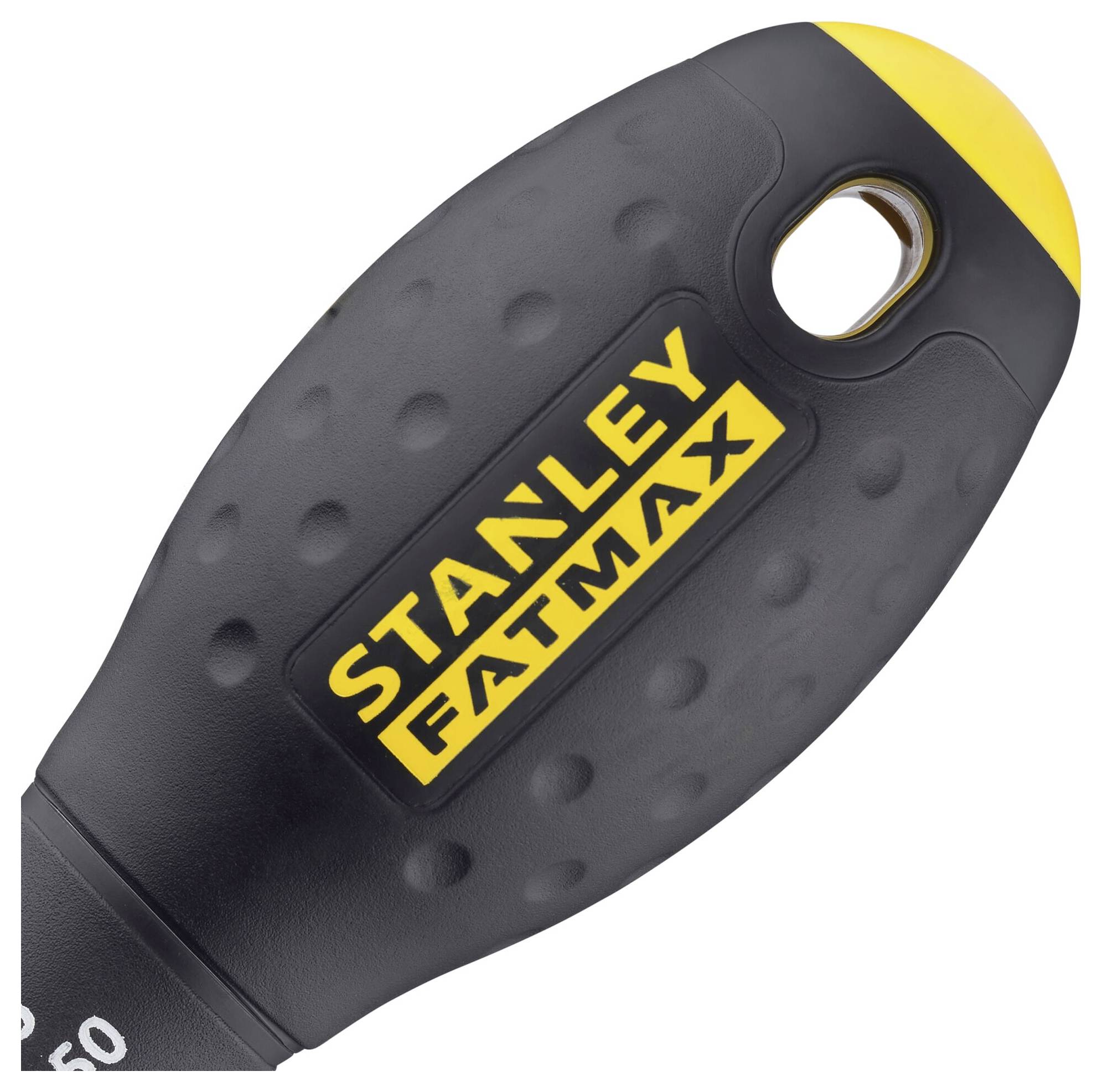Svart skruvmejselhandtag med gult 'Stanley Fatmax'-logo, ergonomiskt utformat för bättre grepp.