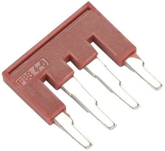 En röd brygganslutning med fyra metalliska stift, märkt med 'FBS 4-8', använd för elektriska anslutningar på kretskort.