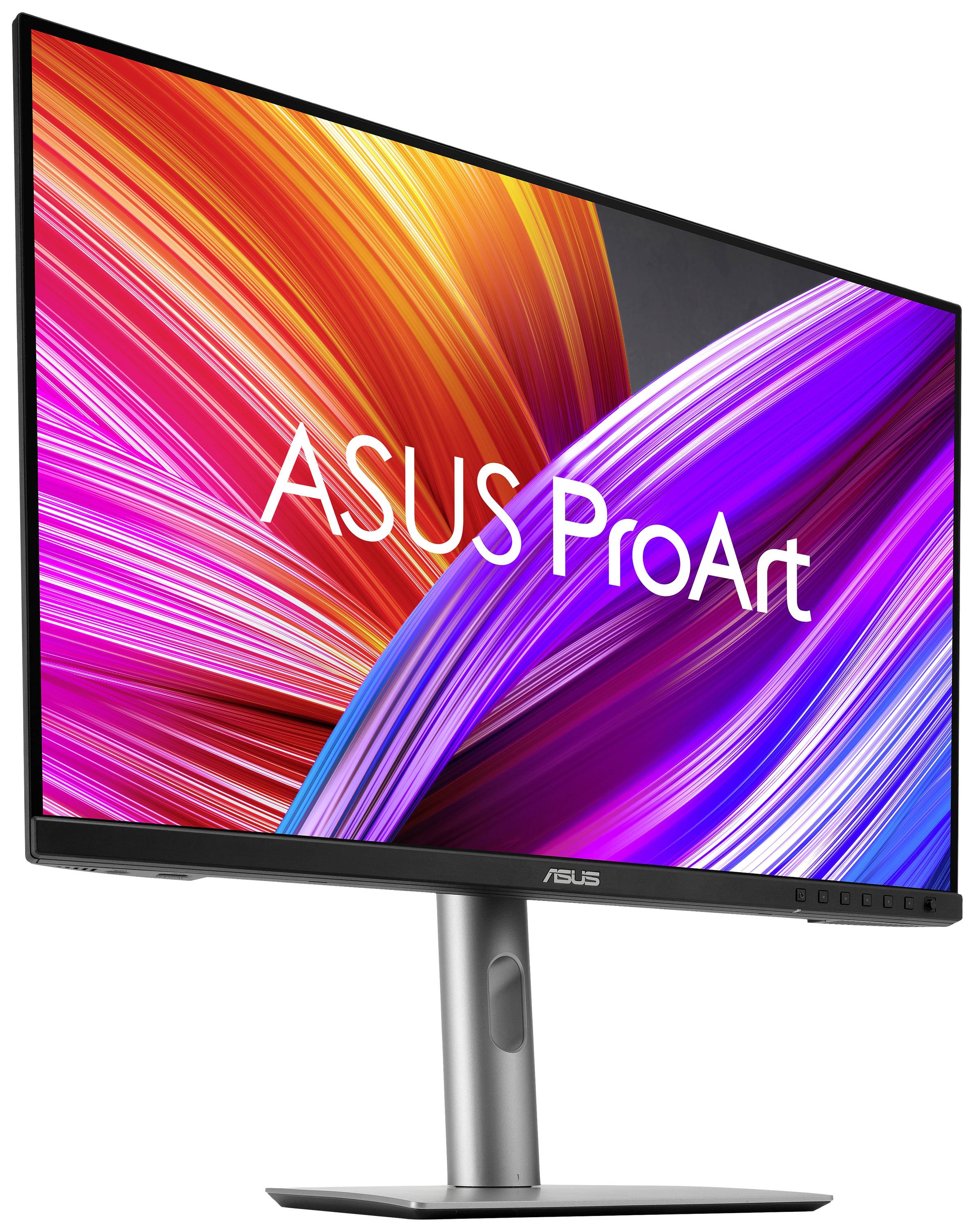 En ASUS ProArt-skärm med lysande, abstrakta färger på skärmen.