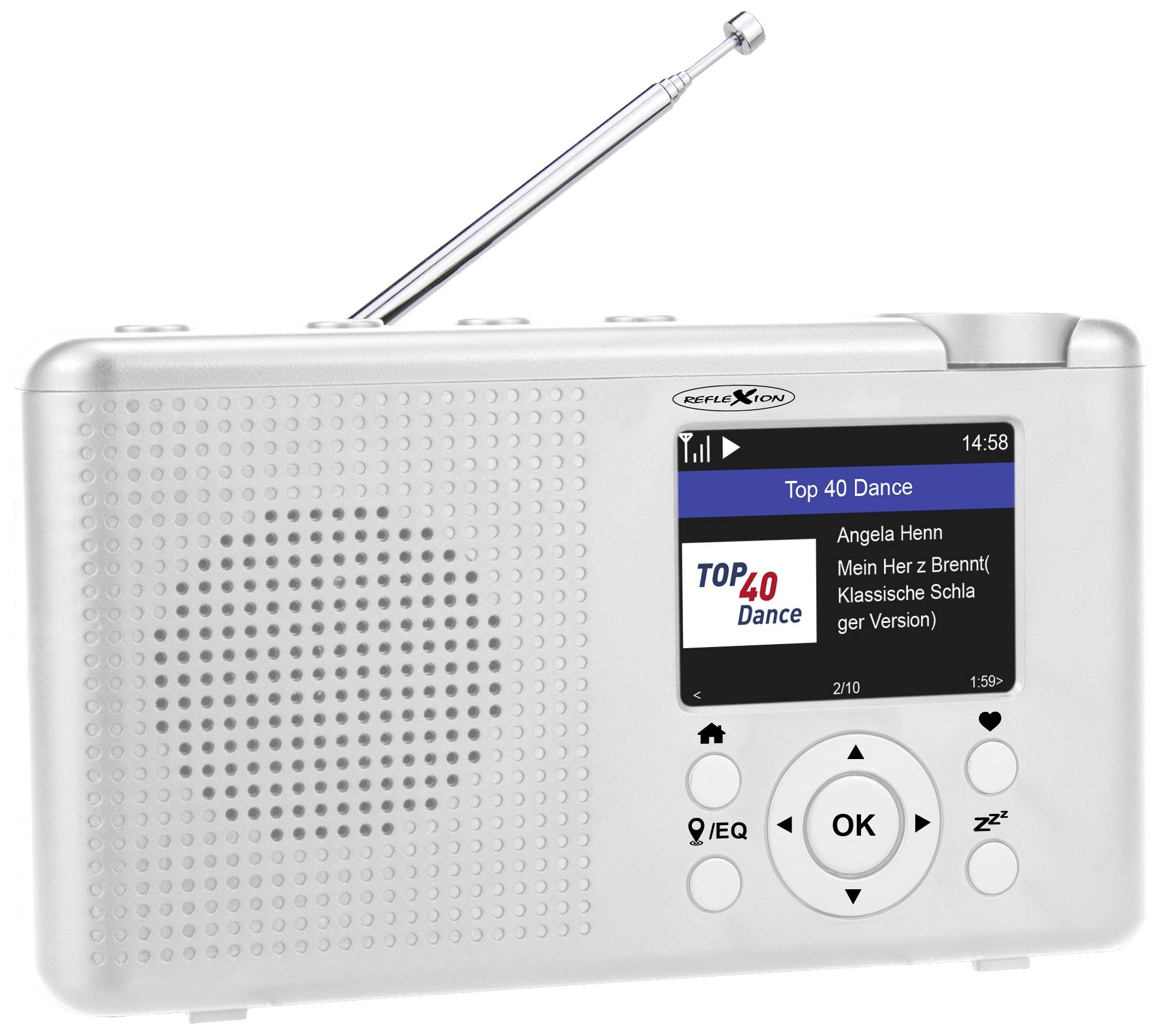 En silverfärgad bärbar radio med en utdragbar antenn visar på skärmen sången 'Mitt hjärta brinner' av Angela Henn.