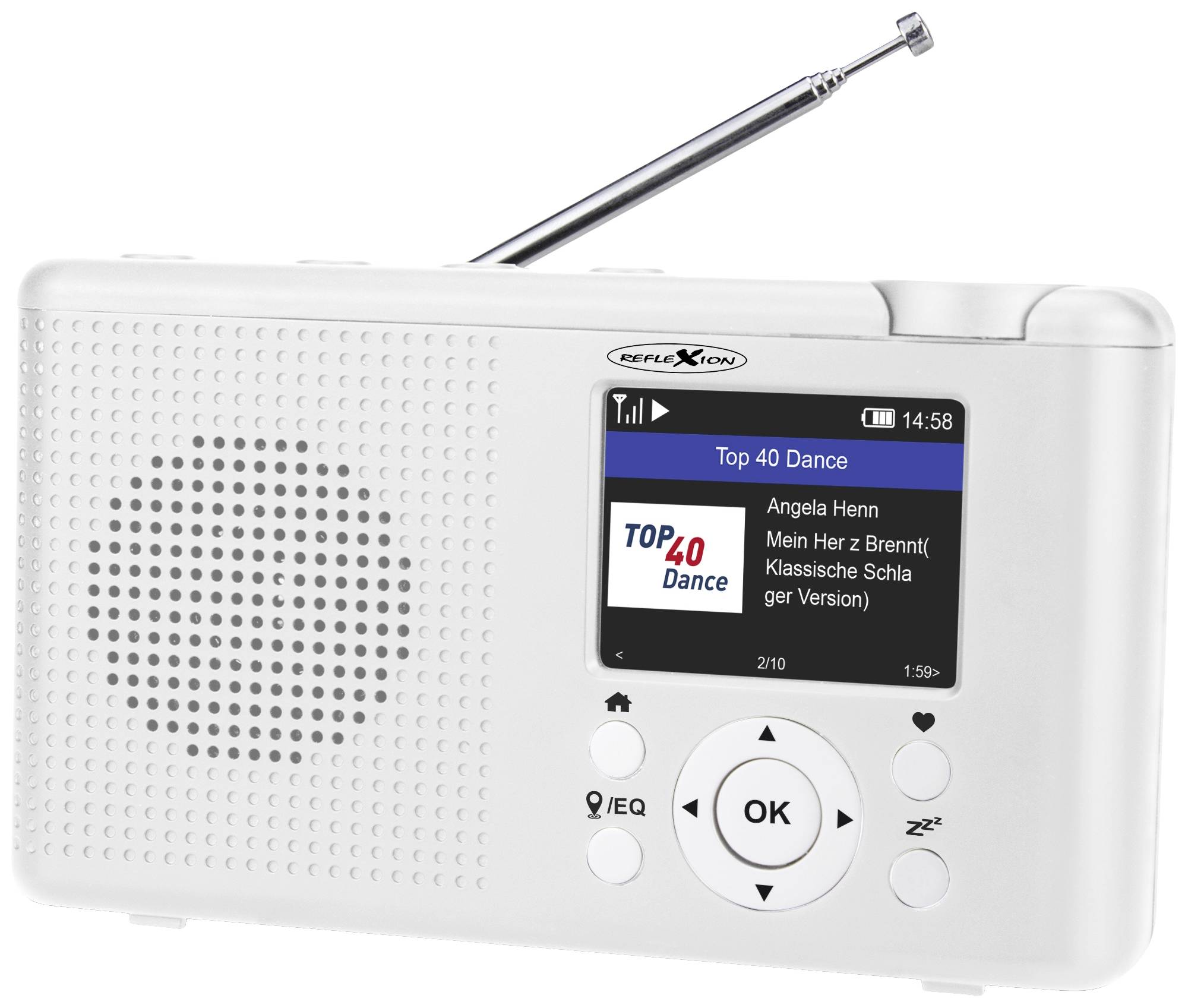 En bärbar radio med en utdragbar antenn visar en display med information om den aktuella musikspåret 'Angela Henn - Mitt hjärta brinner'.