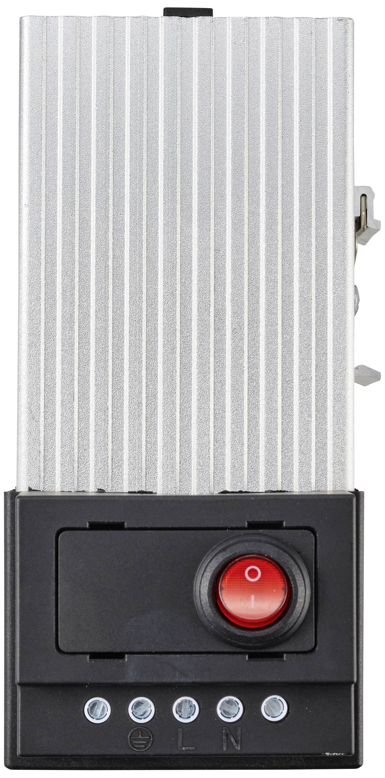En elektrisk apparatbrytare med en röd vippströmbrytare och fyra silverfärgade skruvklämmor märkta 'E', 'L', 'N'.