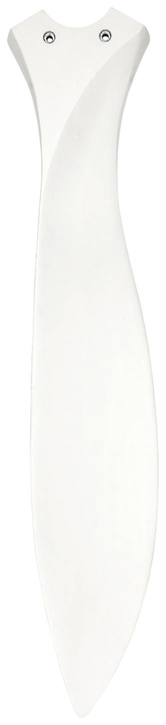 En vit skohorn av plast med slät, böjd form och två skruvhuvuden i den övre änden.