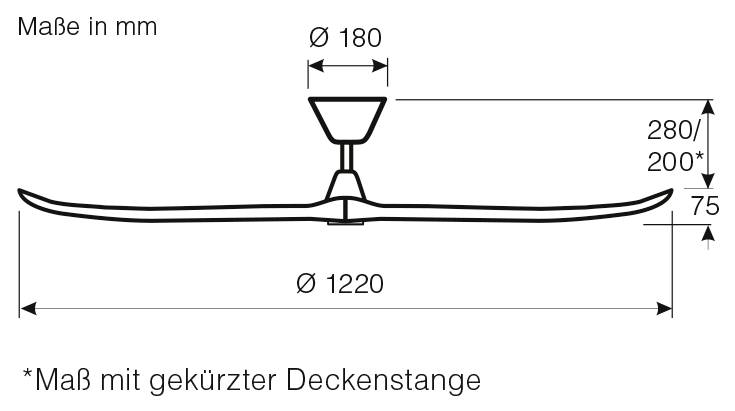 Diagram över ett takfläkt med dimensioner: Total bredd 1220 mm, fläkthöjd 280 mm (med takkopp) och 200 mm (utan takkopp), takstång 75 mm.