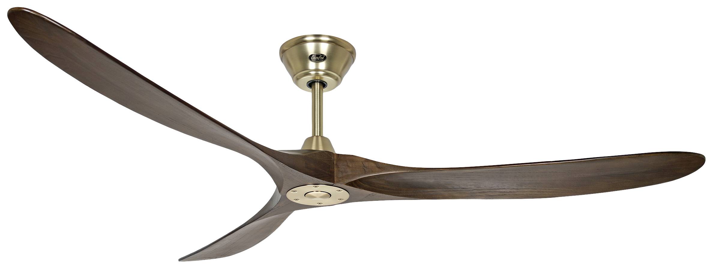 Takfläkt med tre mörka träblad och ett fäste i messingfärg, modern design.