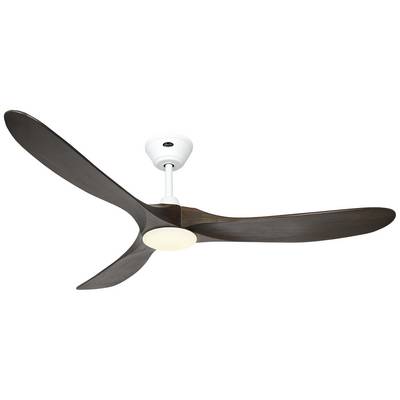 Takfläkt med tre mörka träblad och vitt hölje.