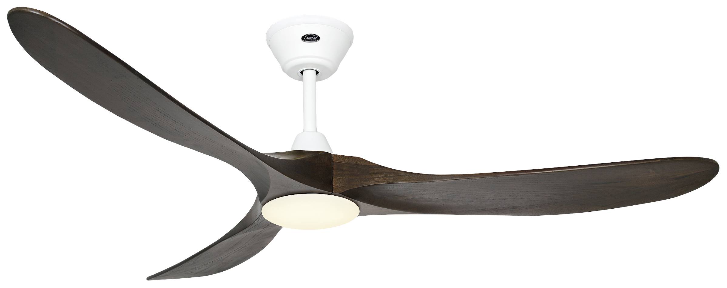 En modern takfläkt med tre eleganta, mörkbruna träblad och hölje i vitt.