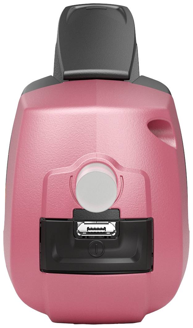 En rosa, bärbar kamera med ett grått hölje, ett objektiv i mitten och en USB-port nedanför.
