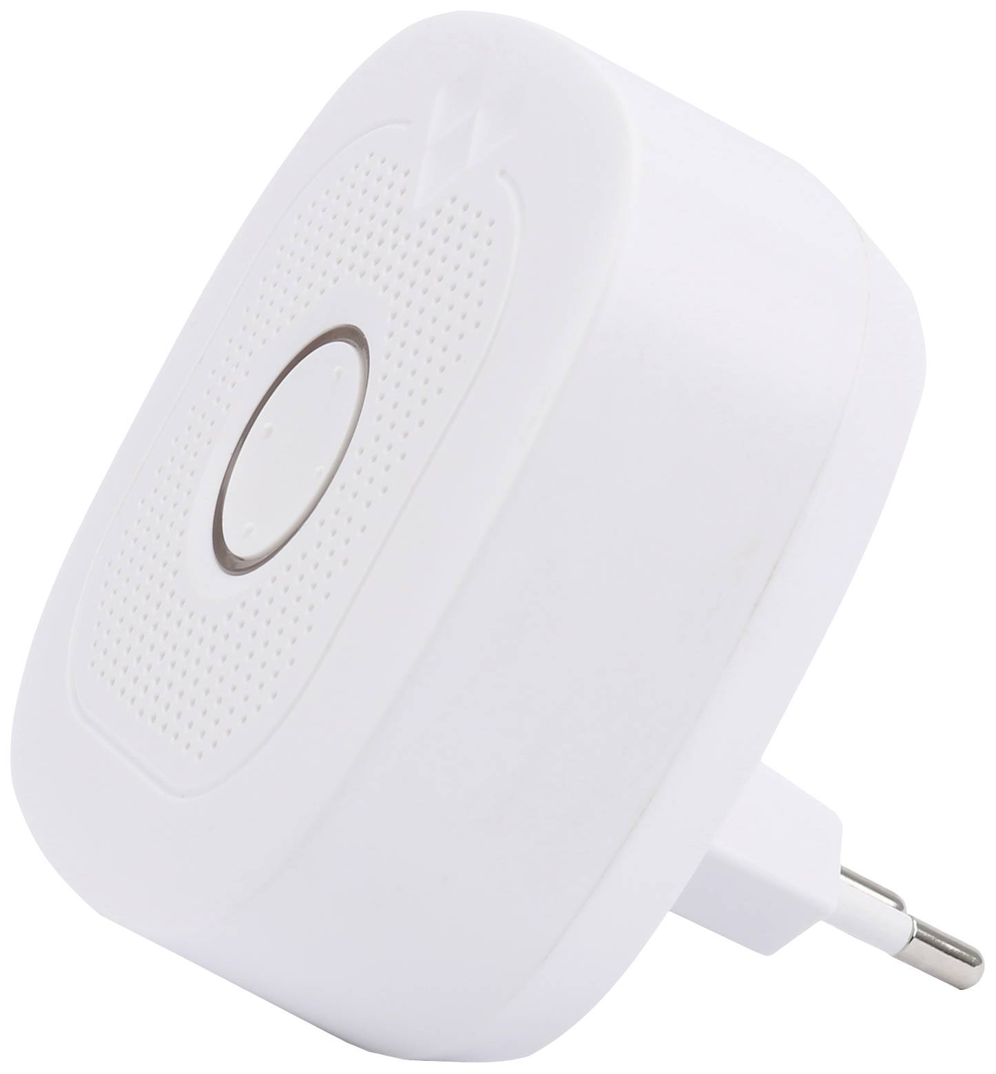 Vitt, rektangulärt elektroniskt enheter med stickkontakt, sannolikt en stickkontaktsadapter eller nattlampa, som visar en central knapp.