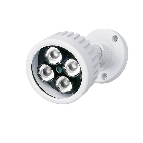 LED-strålkastare med fyra lysande LED-lampor, lämplig för utomhusbelysning, monterad i ett hölje med väggfäste.