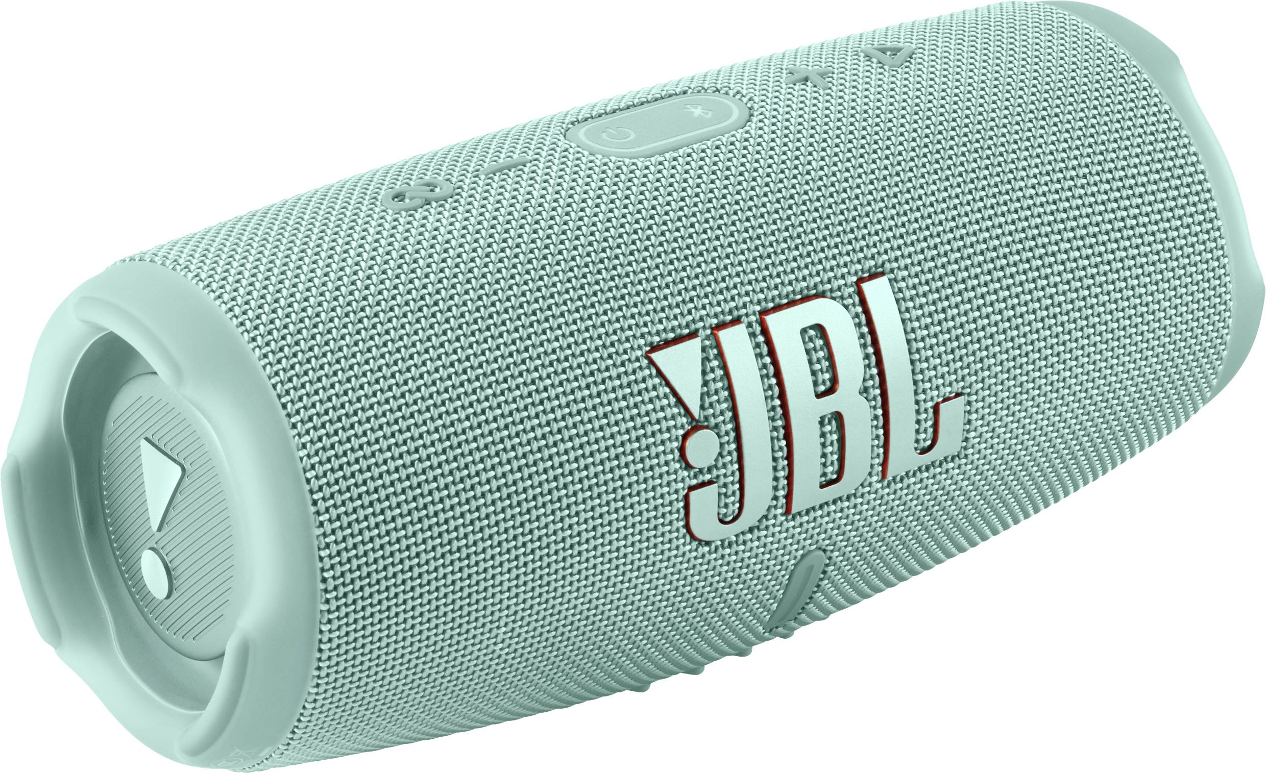 En turkos, bärbar högtalare med JBL-logga på sidan, lämplig för musikstreaming när man är på resande fot.