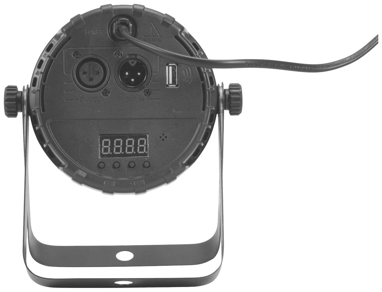 En svart LED-PAR-strålkastare sedd bakifrån. Synliga är två XLR-anslutningar, en USB-anslutning, två manöverknappar och en digital display.