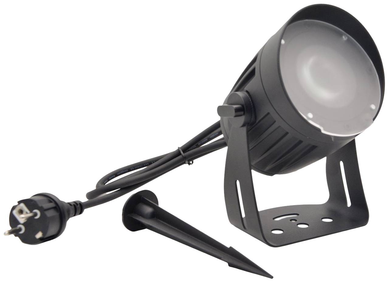 Svart LED-strålkastare med stativ och markspigg, lämplig för utomhusbelysning, ansluten med en elkabel och en EU-kontakt.
