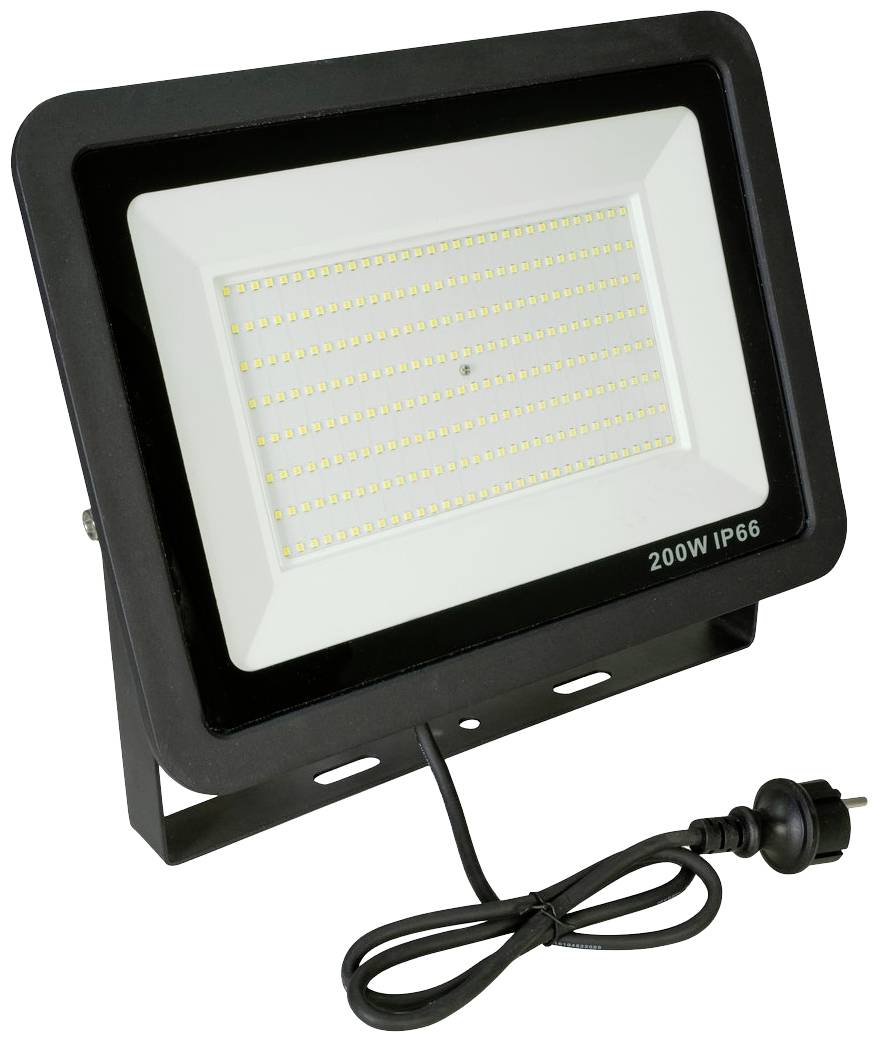 En rektangulär LED-strålkastare på 200 watt med IP66-skyddsklass. Den står på ett stativ och har en nätströmkabel med kontakt.
