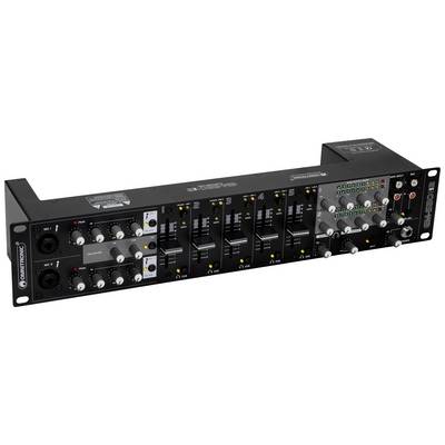 Kompakt audioblandare med flera kanaler, vred och skjutreglage. Lämplig för styrning av audiosignaler.