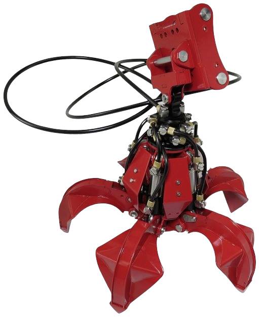 En röd, hydraulisk griparm med flera gripklor, förbunden genom svarta kablar. Griparmens design är avsedd för tunga lyft.
