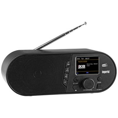 Svart DAB+ radio med utdragbar antenn, liten skärm visar 'RADIO BOB!'. Knappar för val av kanal och volym.