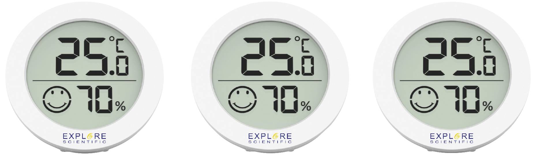 Tre digitala termo-hygrometrar visar 25 grader Celsius och 70% luftfuktighet var och en. Ett smiley-ansikte indikerar komfort.