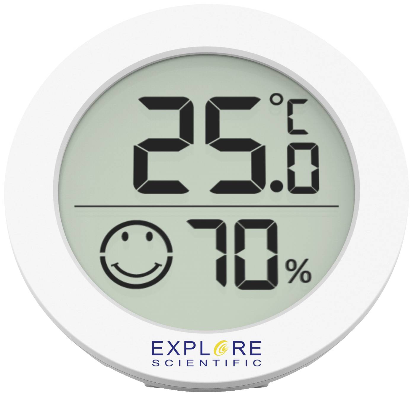 Digital visning av en termometer och hygrometer: 25 grader Celsius, 70 procent luftfuktighet, med ett leende ansiktssymbol.