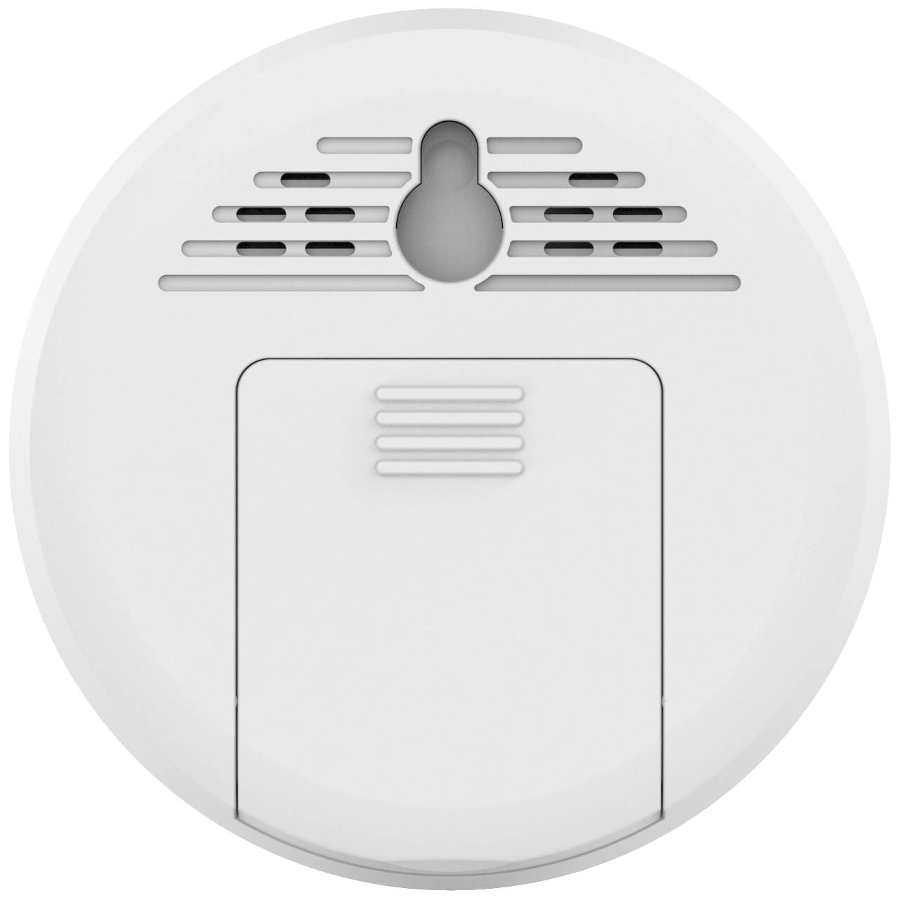 Rund, vit rökdetektor med ventilationsöppningar och batterifack. Skyddar genom att upptäcka rökutveckling i rummet.