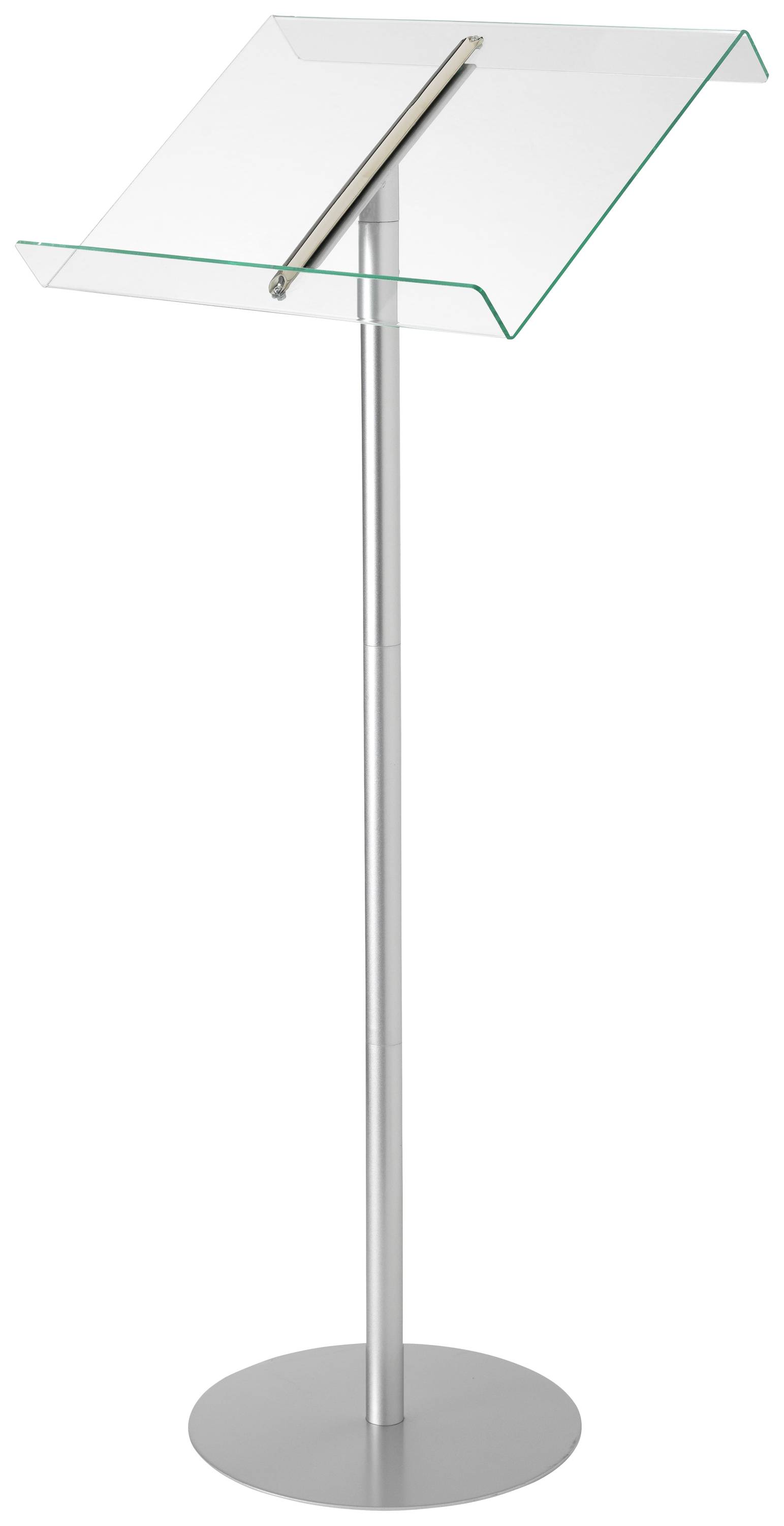 Ett modernt, transparent talarstativ i glas med ett elegant metallstativ, lämpligt för presentationer och föredrag.