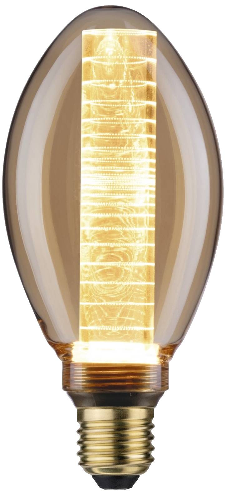 En glödlampa med synligt glödtråd som lyser indikerar att den är påslagen. Den har en guldgul skruvfattning.