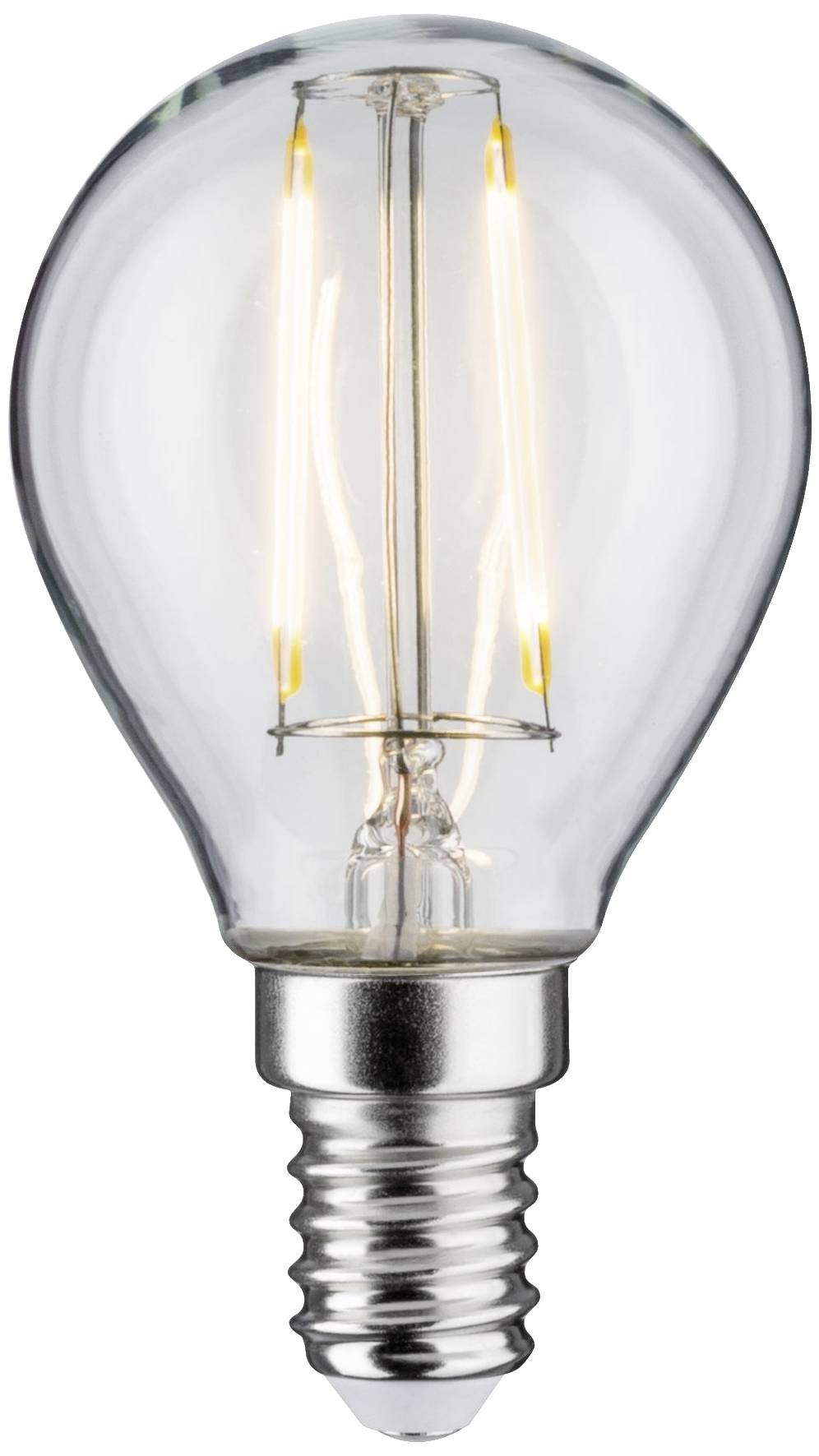 Glödlampa med synligt glödtråd, tänd, mot vit bakgrund.
