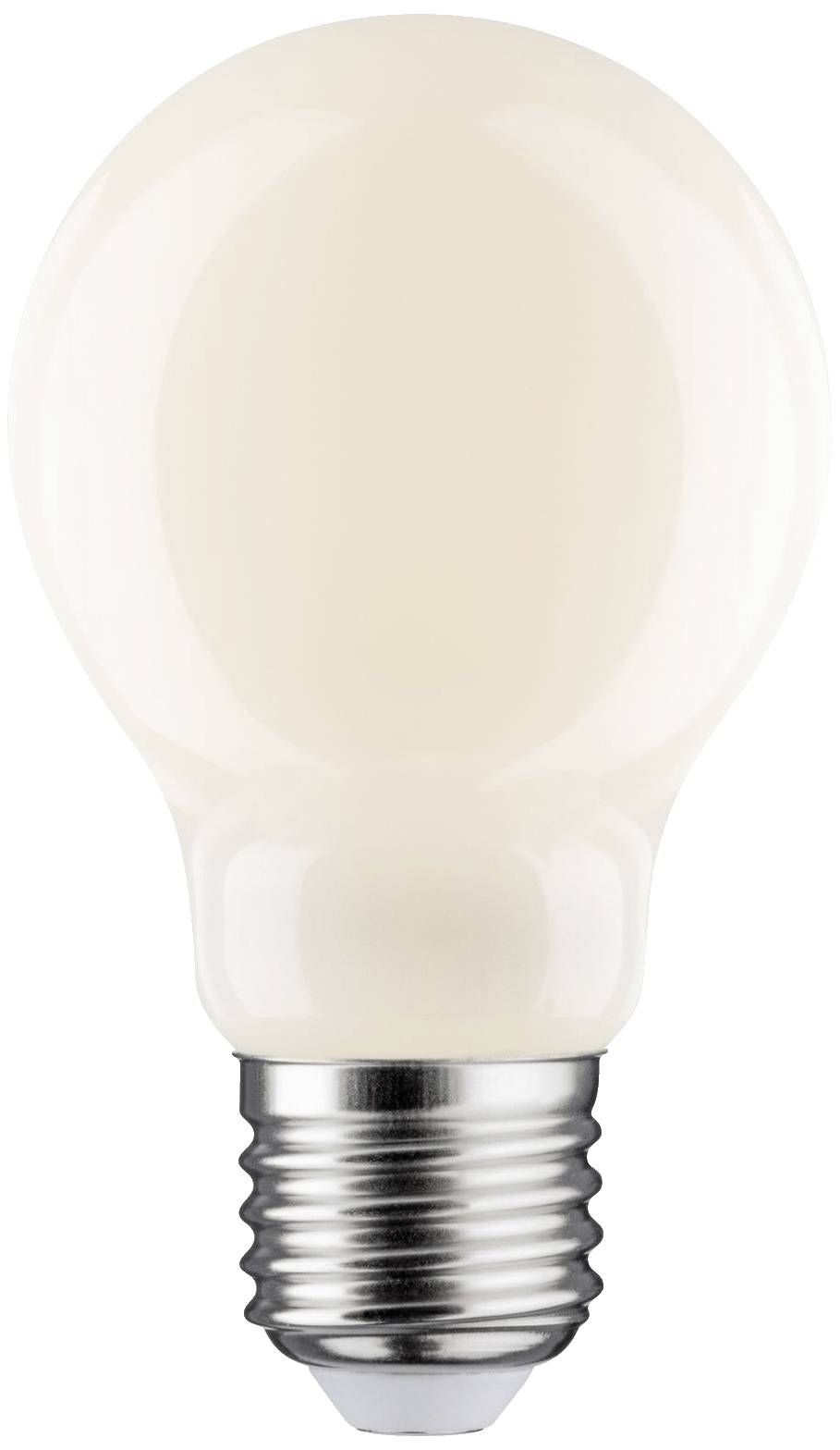 Glödlampa med E27-sockel, vit, framför vit bakgrund.