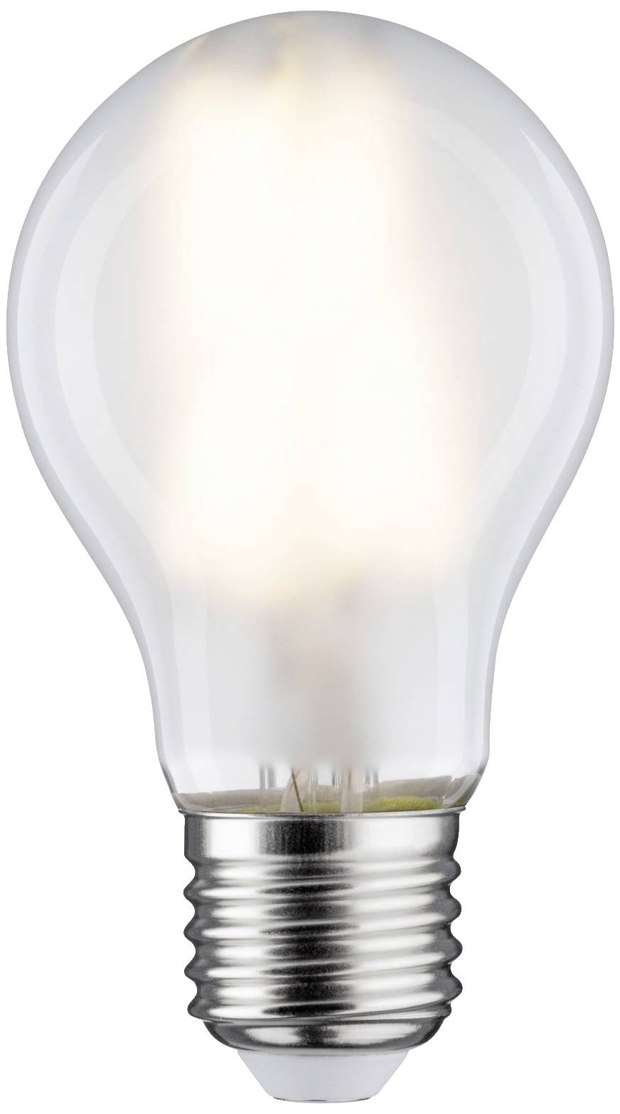 En tänd glödlampa med skruvfattning som utstrålar ett mjukt, varmt ljus.