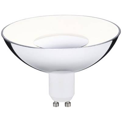 En silverfärgad LED-reflektorlampa med GU10-sockel, lämplig för takarmatur, presenterad mot vit bakgrund.