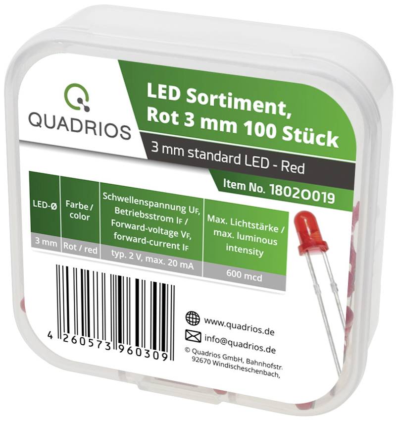 'Quadrio LED-sortiment, Röd, 3 mm, 100 stycken. Innehåller 3 mm standard-LEDs med 600 mcd ljusstyrka, framspänning 2 V, 20 mA.'