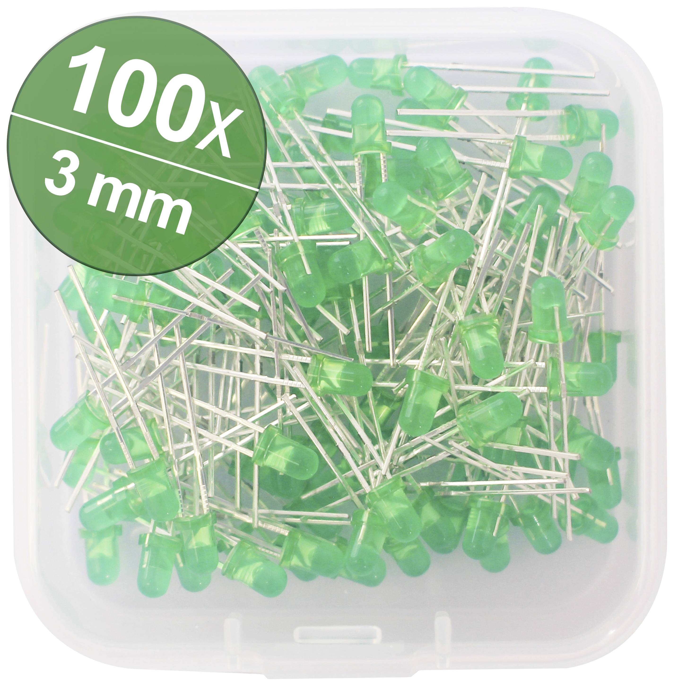 Plastlåda med 100 gröna 3 mm LED-lampor.