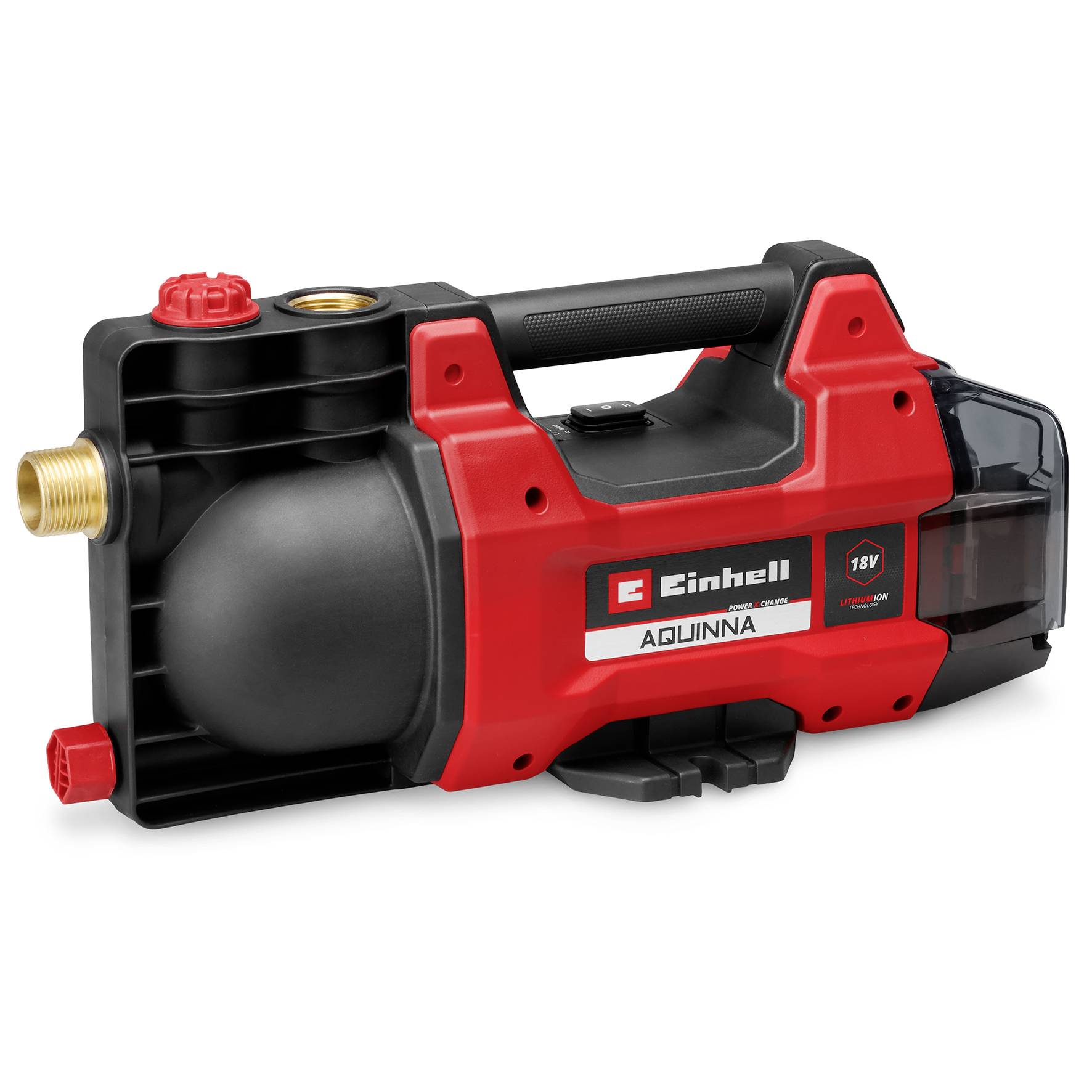 Röd och svart Einhell AQUINNA 18V trådlös vattenpump med handtag, mässingsanslutningar för in- och utlopp, och batterifack på vit bakgrund.