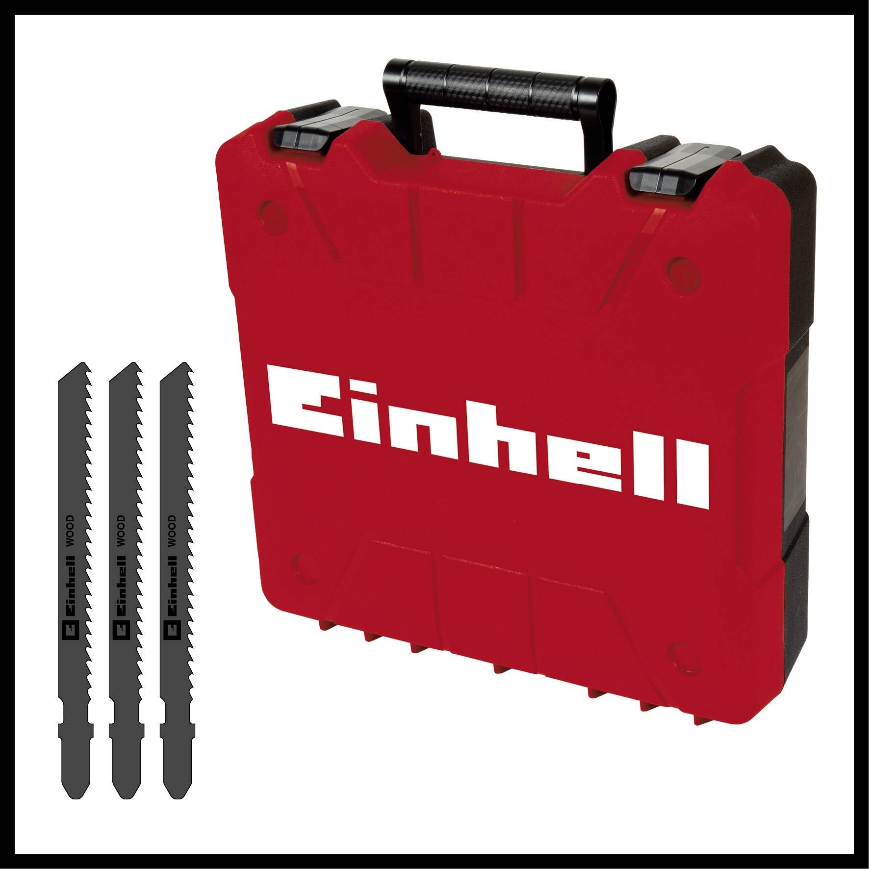 Röd verktygslåda med 'Einhell'-logotyp och tre sågblad bredvid.