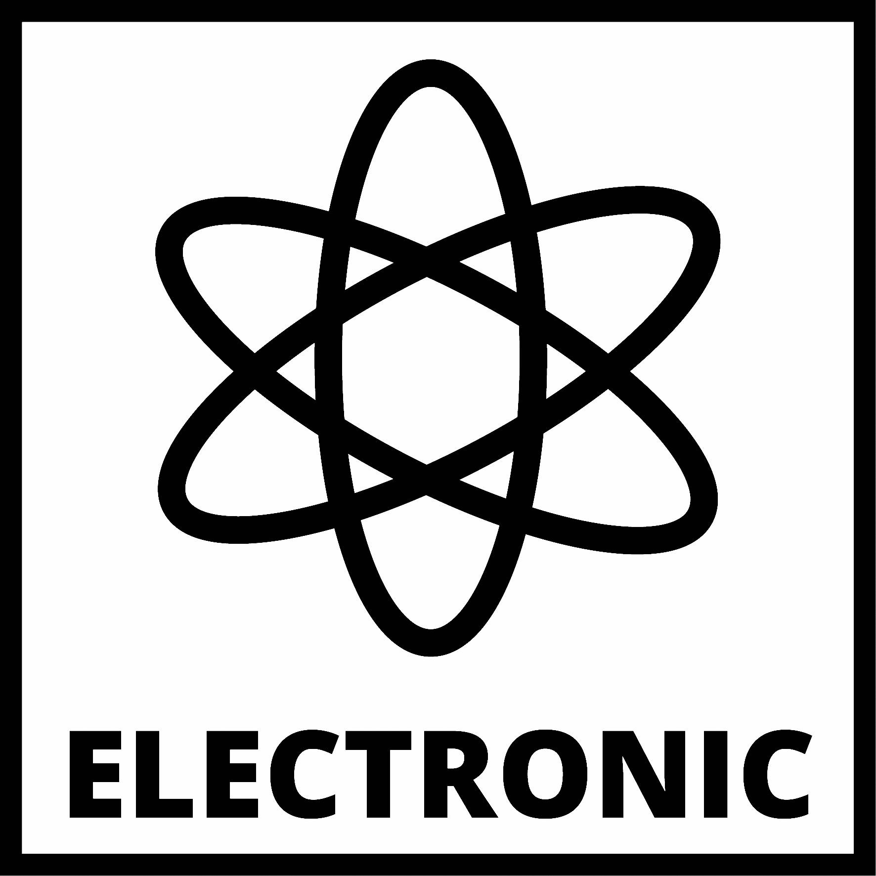 Symbol för ett atom ovanför ordet ELECTRONIC, svart-vitt piktogram.