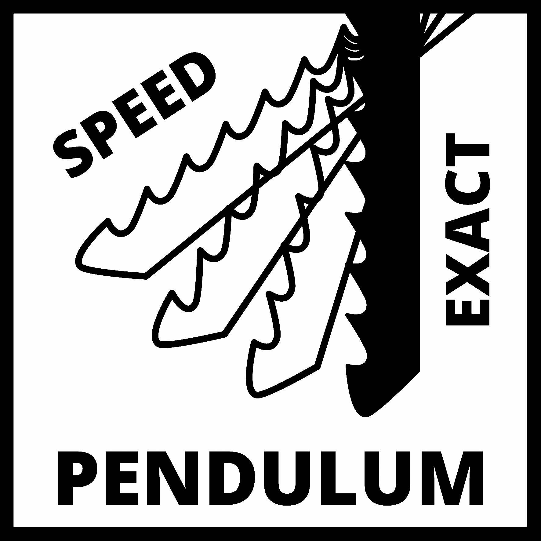 'Pendel'-symbol. Visar fem pendlar i rörelse från vänster till höger mellan 'Hastighet' och 'Exakt', symboliserar precision och snabbhet.