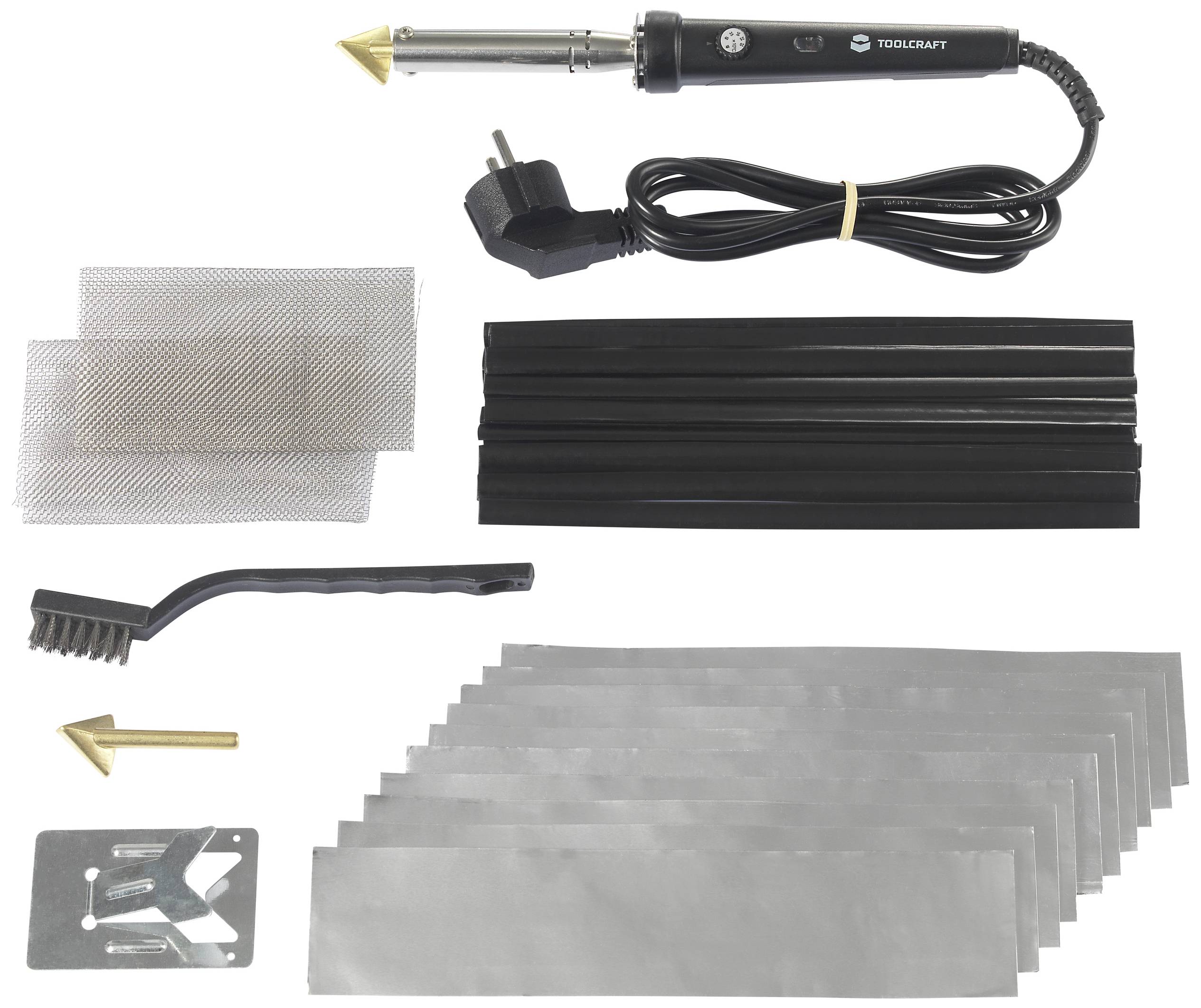 Lödkolv-set med nätadapter, lödkolvsställ, borste, trekantsmunstycke, aluminiumplåtar och gittersektioner. Perfekt för hemmafixararbeten.