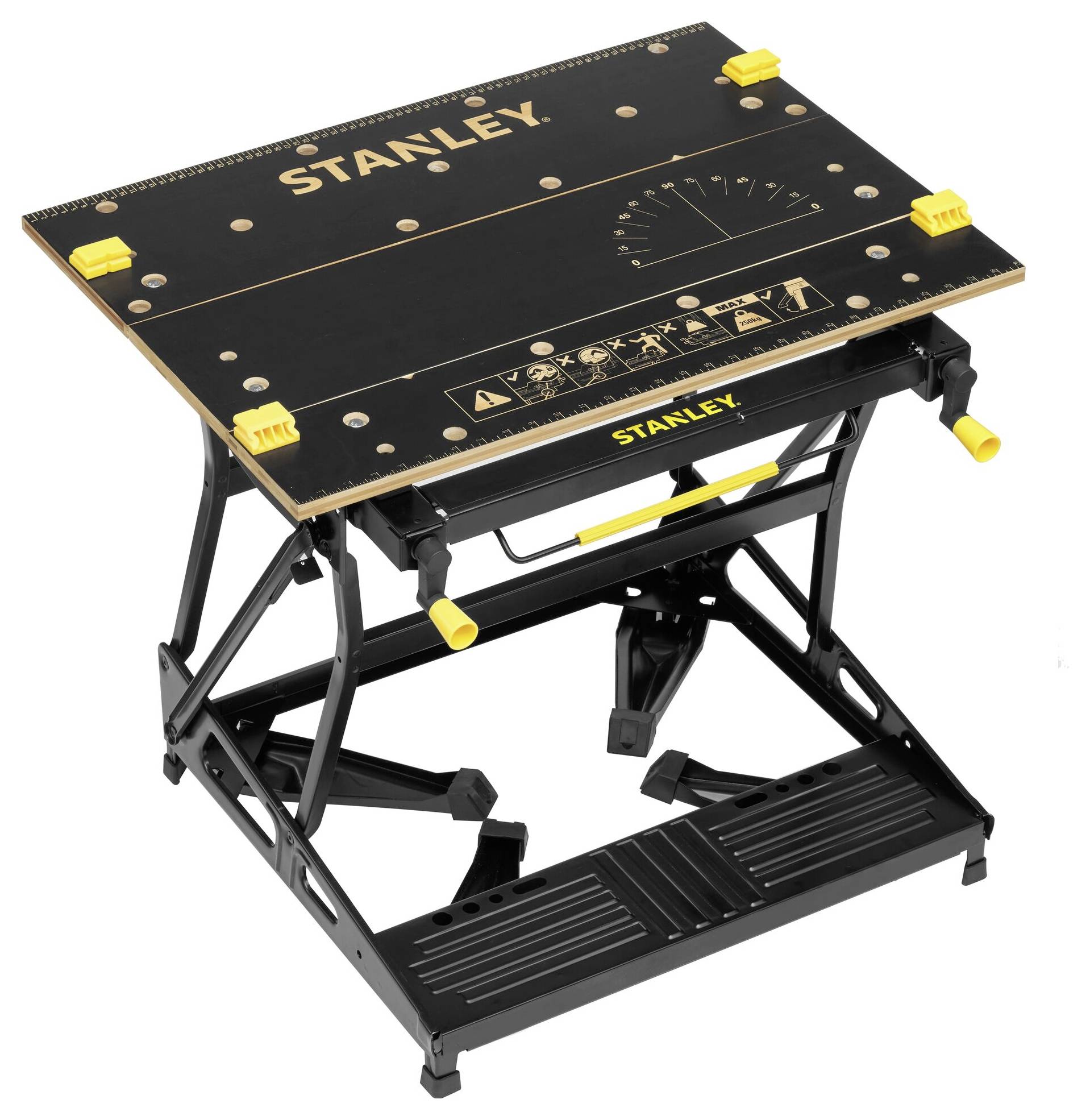 Svart Stanley-arbetsbank med justerbar arbetsyta och gula klämmor. Robust konstruktion, perfekt för hantverksarbeten.
