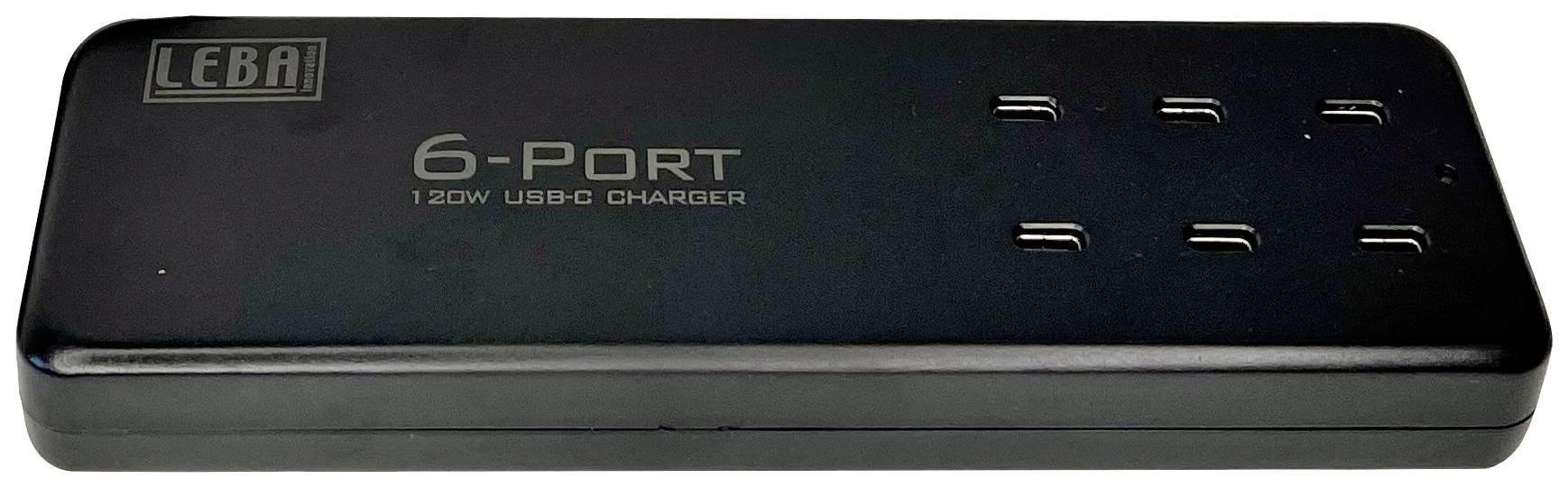 En svart 6-porters laddare med påskriften 'LEBA' och '120W USB-C-laddare'.