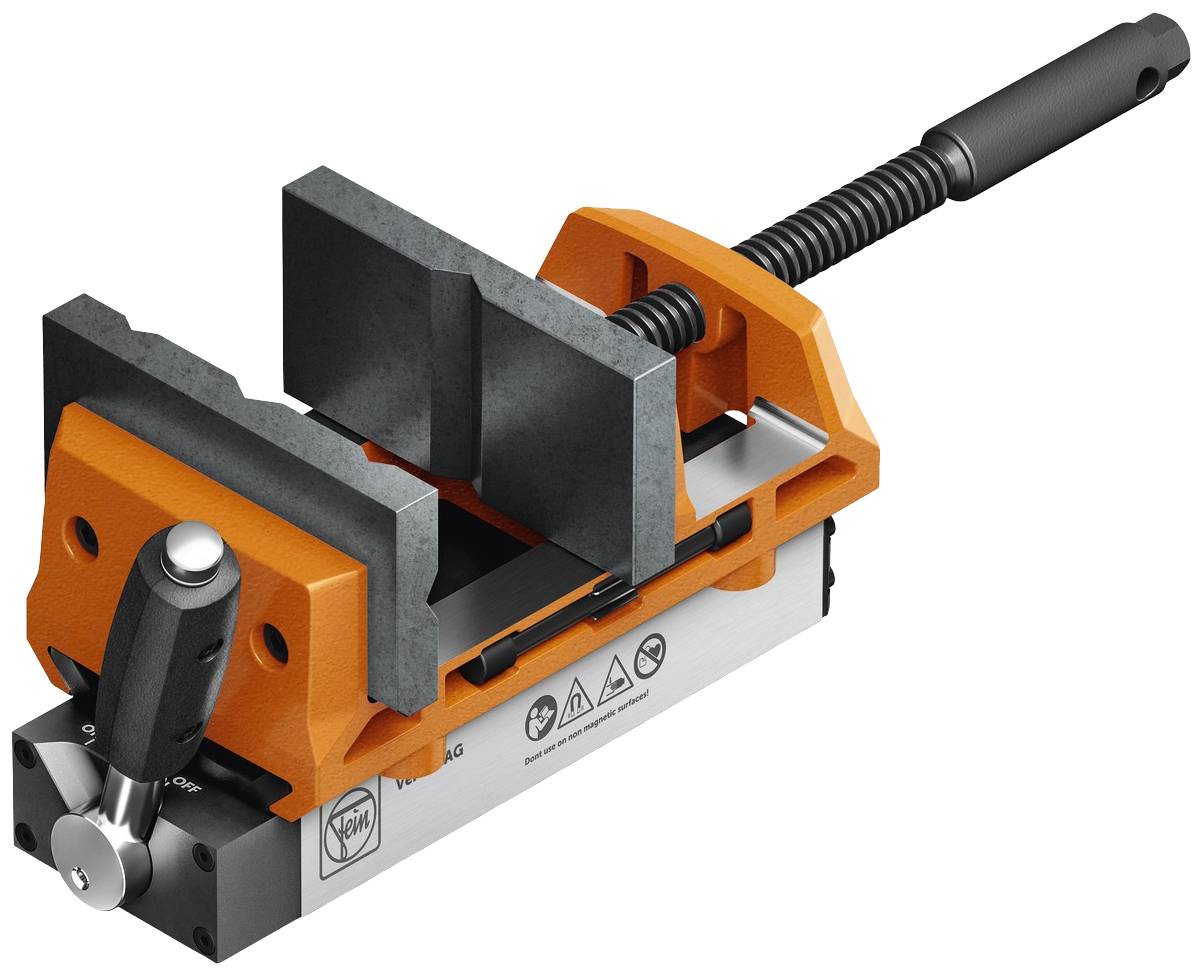 En bordsskruvstäd av metall med svart handtag, orange ram och svart spindel. Lämplig för precisionsinfästning av arbetsdetaljer.