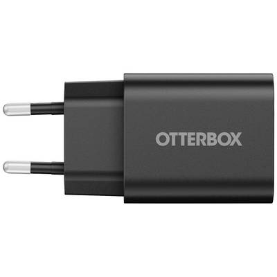 Svart laddare med två kontakter och 'OTTERBOX'-logotyp på sidan, visad från sidan med en tydlig vy över kontakterna.