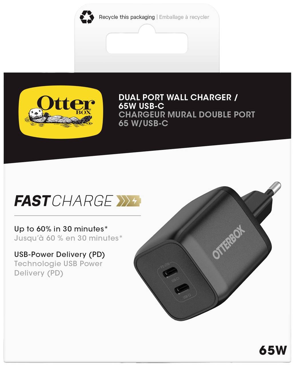 'Dual Port Väggladdare' från OtterBox, 65W USB-C, för snabb laddning på 30 minuter. Visar laddare med två USB-C-portar.