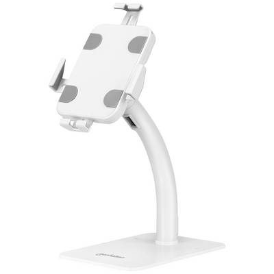 Hållare för en surfplatta på ett vitt stativ, lämplig för stabilisering och enkel hantering av enheten.