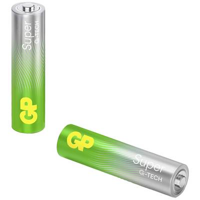 Två gröna GP Super G-TECH batterier, en upprätt och en liggande snett, på vit bakgrund.