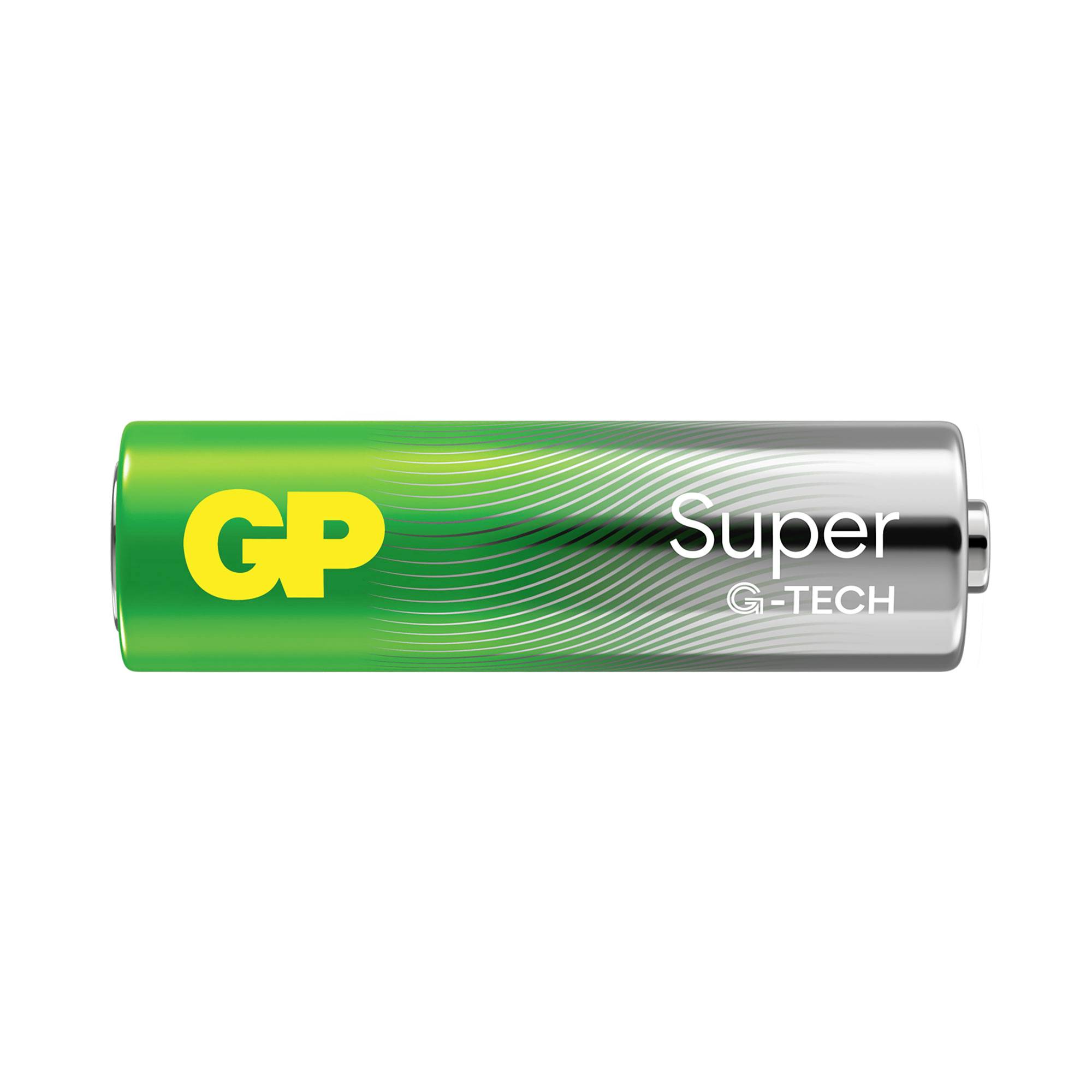'GP Super G-Tech' batteri, cylindrisk form, övervägande grön med silverdetaljer. Lämplig för elektroniska enheter.
