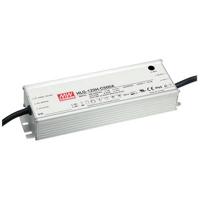 Ett grå-silveraktigt LED-nätaggregat från MEAN WELL, modell HLG-120H-C500A, visar tekniska specifikationer och säkerhetssymboler på sin yta.