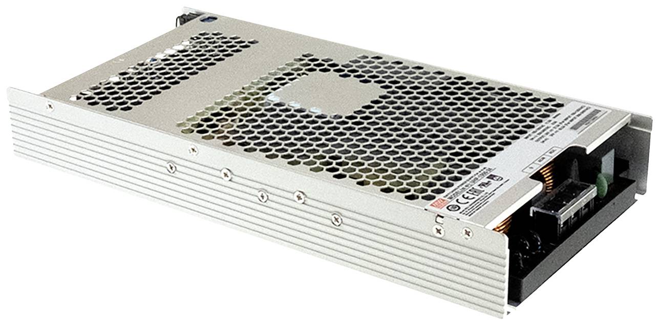 Ett rektangulärt, platt nätaggregat med metalllock och hexagonalt mönster på ovansidan, försett med elektroniska kontakter på sidan.