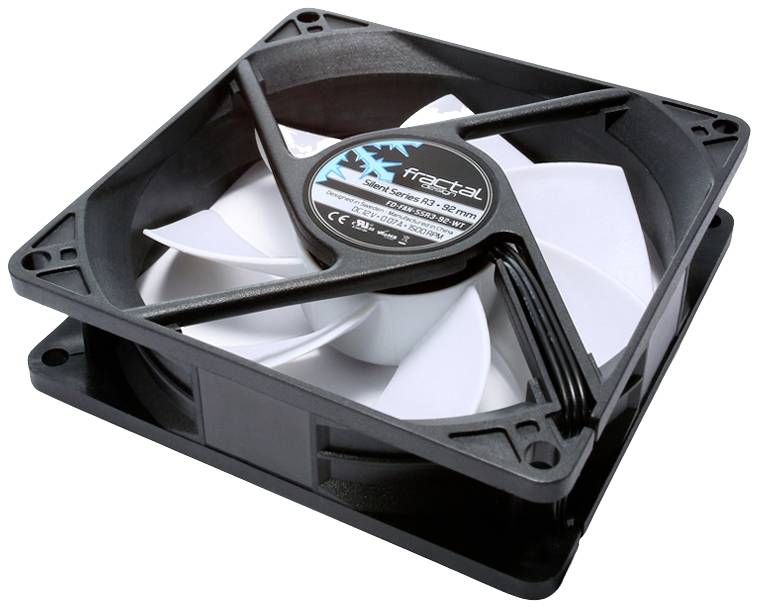 En svart datorfläkt med vita vingar, lämplig för kåpkylning. Märkning i mitten visar teknisk information.