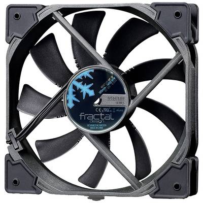 En svart datorkylfläkt med nio rotorblad, centrerad dekal med logotyp och modellinformation, från Fractal Design.