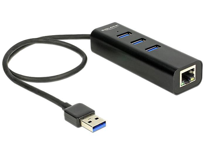 En USB-hubb med tre USB-portar och en Ethernet-port. Lämpad för att utöka anslutningsalternativen på en dator.